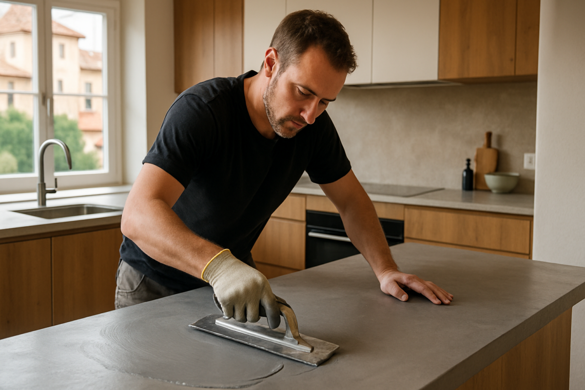 Application de béton ciré sur plan de travail aux Playes